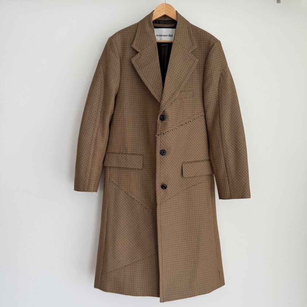 Andersson Bell Coat Womens Medium Wool Blend Checked Houndstooth Patchwork Japan